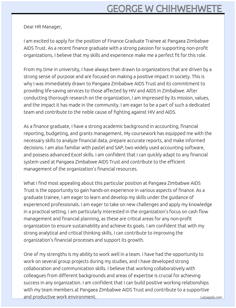 Finance Graduate Trainee  At Pangaea Zimbabwe AIDS Trust Cover Letter