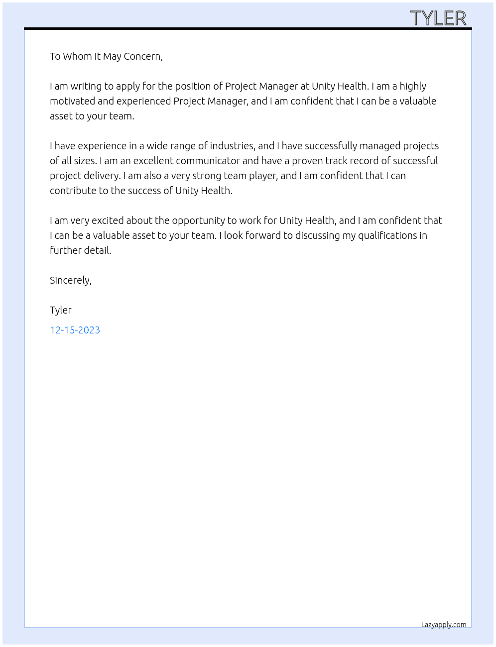 Project Manager At Unity Health Cover Letter