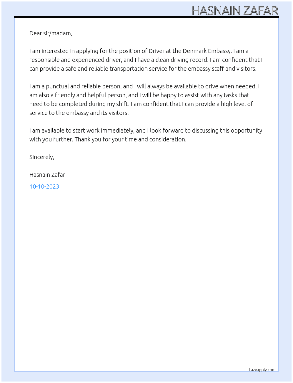 Driver At Denmark Embassy Cover Letter