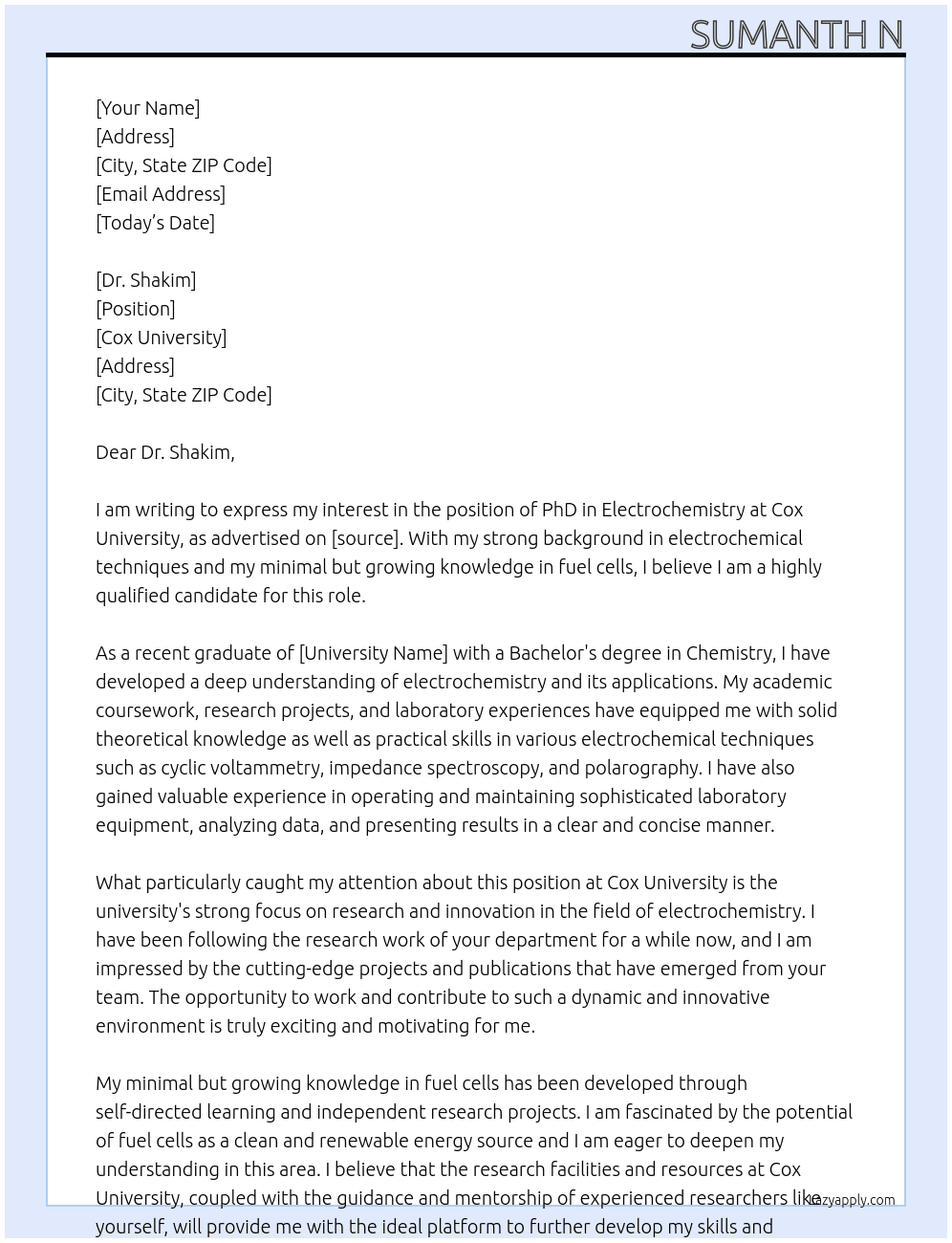 phd in electrochemsitry At cox university Cover Letter