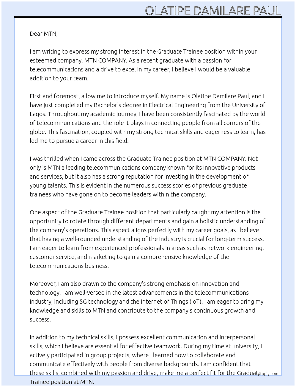 Graduate trainee  At MTN COMPANY Cover Letter