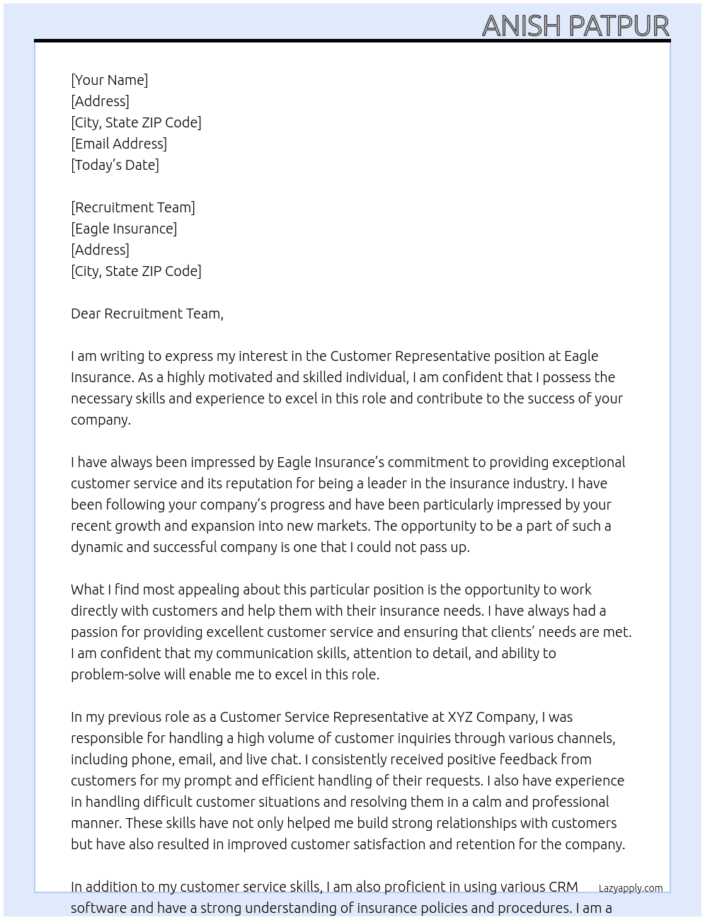 Customer Representative  At Eagle Insurance  Cover Letter