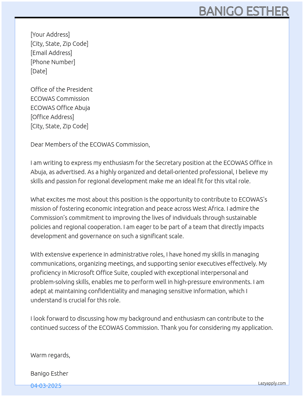 Secretary At ECOWAS OFFICE ABUJA Cover Letter