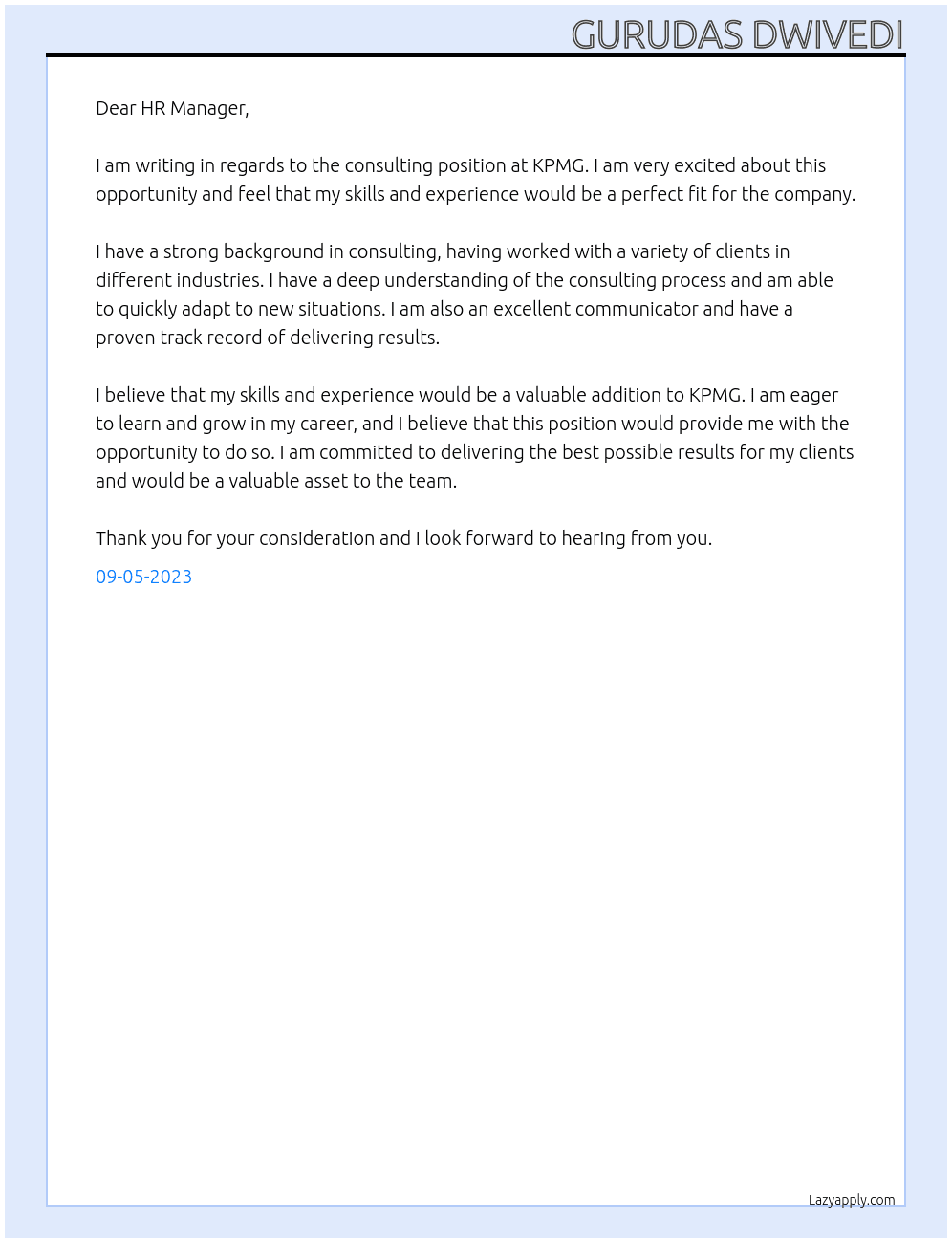 CONSULTING At KPMG Cover Letter
