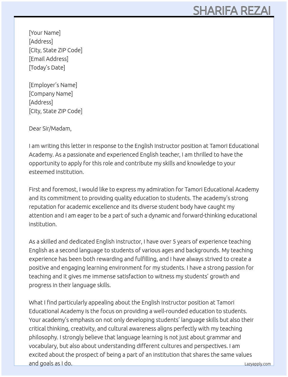English Instructor  At Tamori Educational Academy  Cover Letter