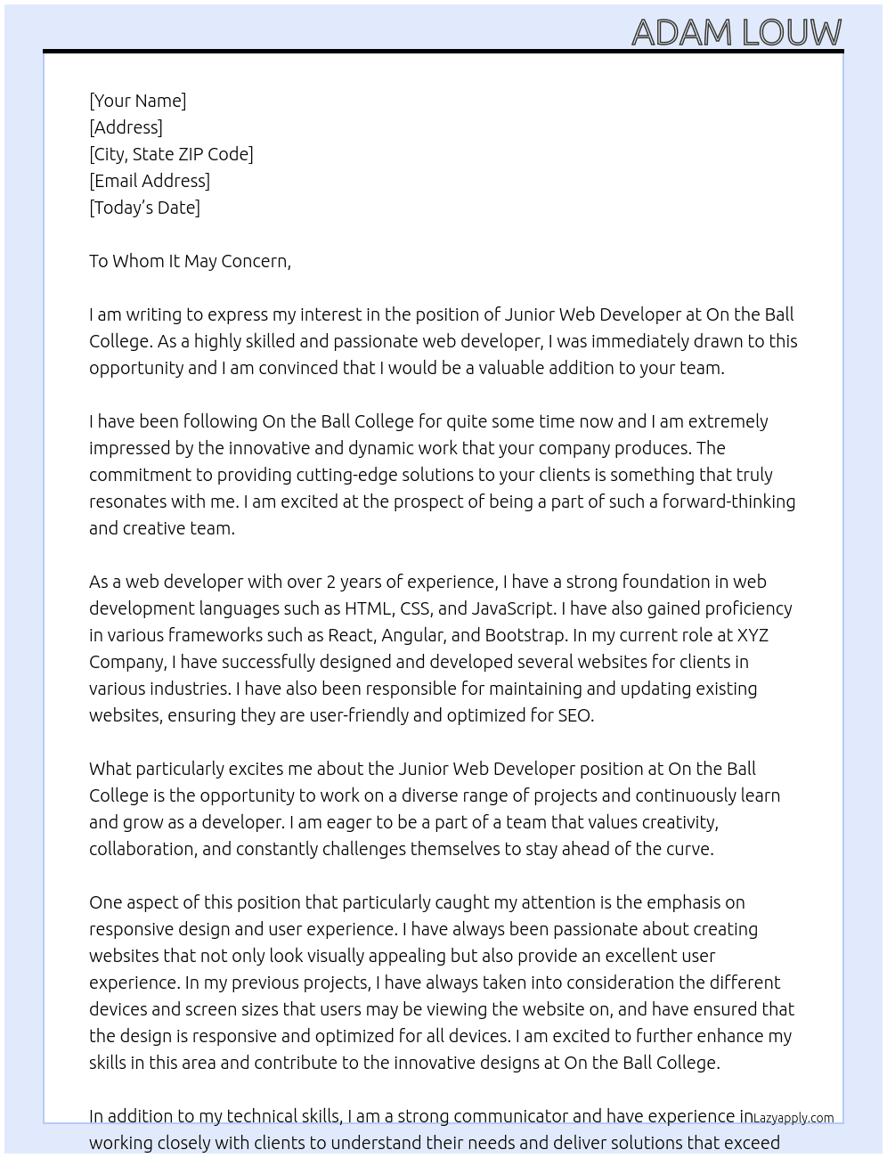 Junior Web Developer At On the Ball College Cover Letter