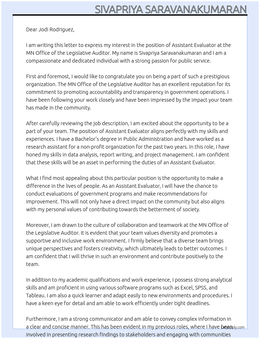 Cover letter for assistant evaluator - LazyApply
