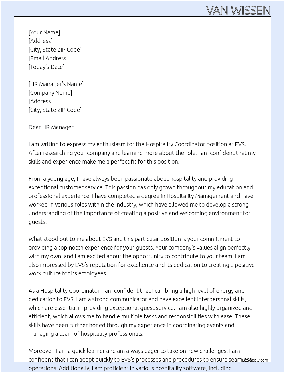 Hopitality Coordinator At EVS Cover Letter