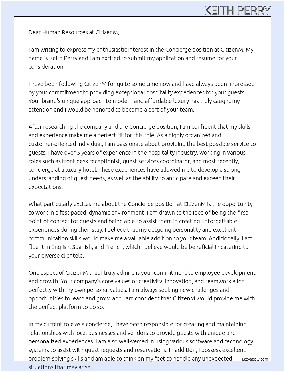 Concierge At CitizenM Cover Letter