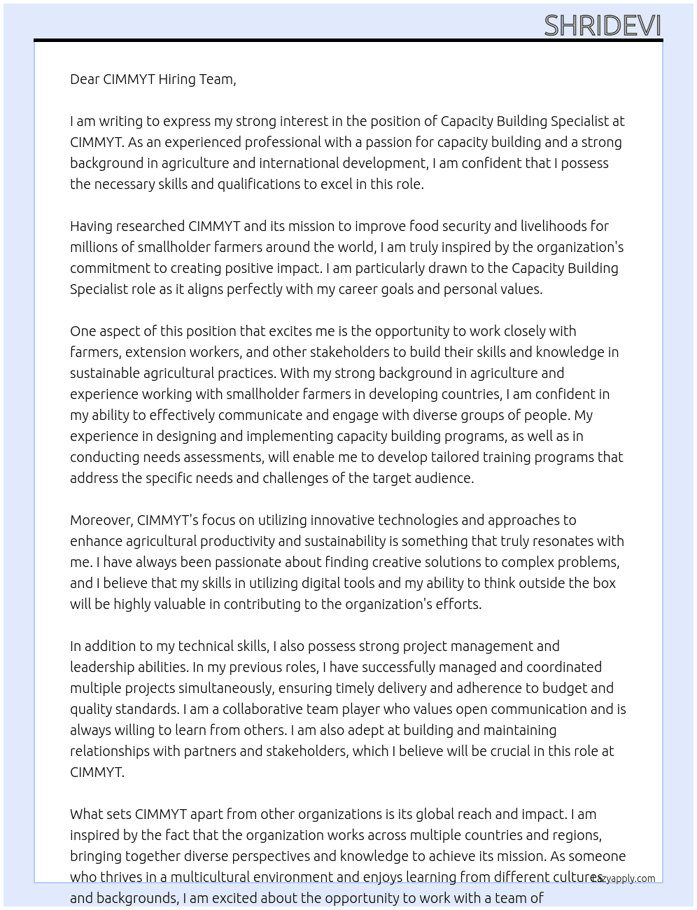 Capacity Building Specialist At CIMMYT Cover Letter