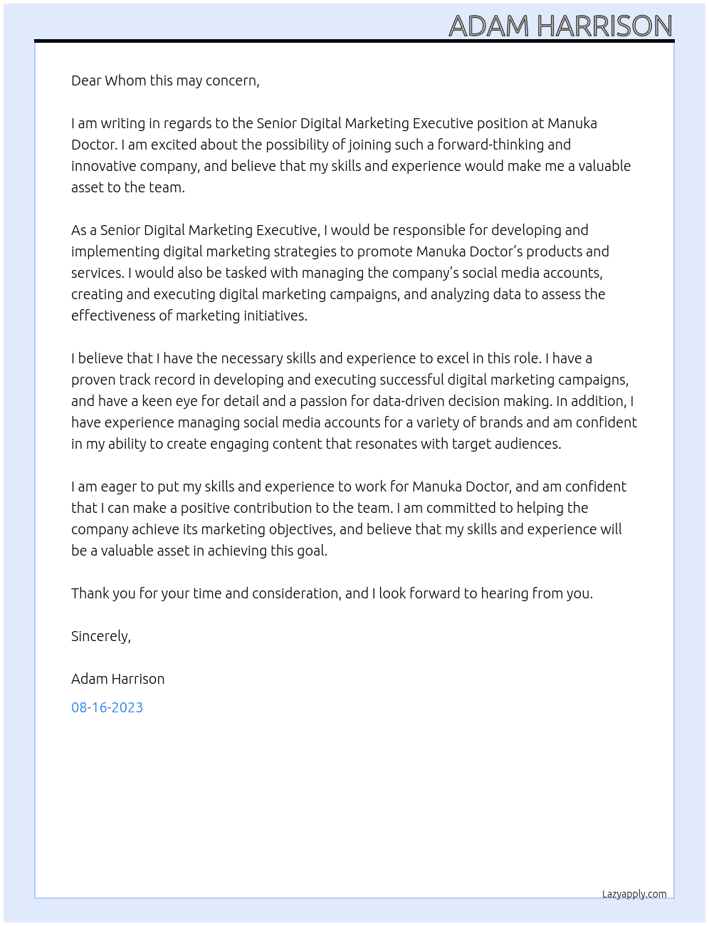 Senior Digital Marketing Executive At Manuka Doctor Cover Letter