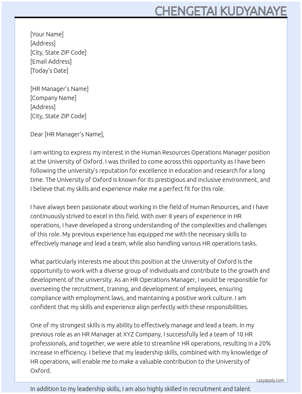 Human Resources operations manager  At University of Oxford  Cover Letter