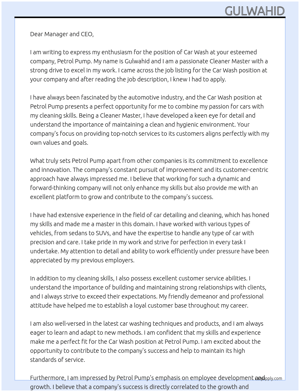 Car wash At Petrol pump Cover Letter