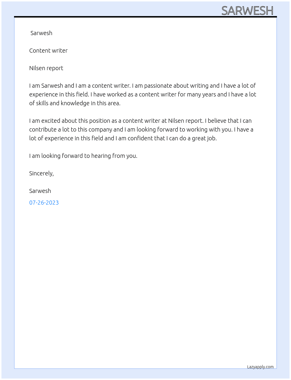 Content writer  At Nilsen report  Cover Letter