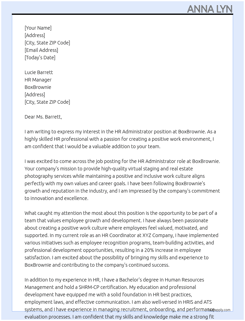 HR Administrator At BoxBrownie Cover Letter