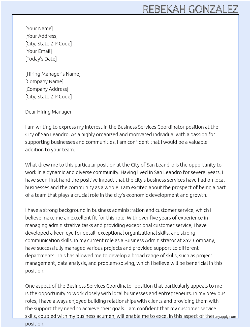 Business Services Coordinator At City of San Leandro Cover Letter