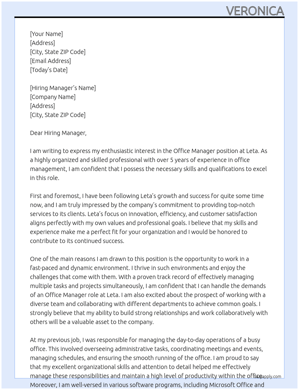 office manager At Leta Cover Letter