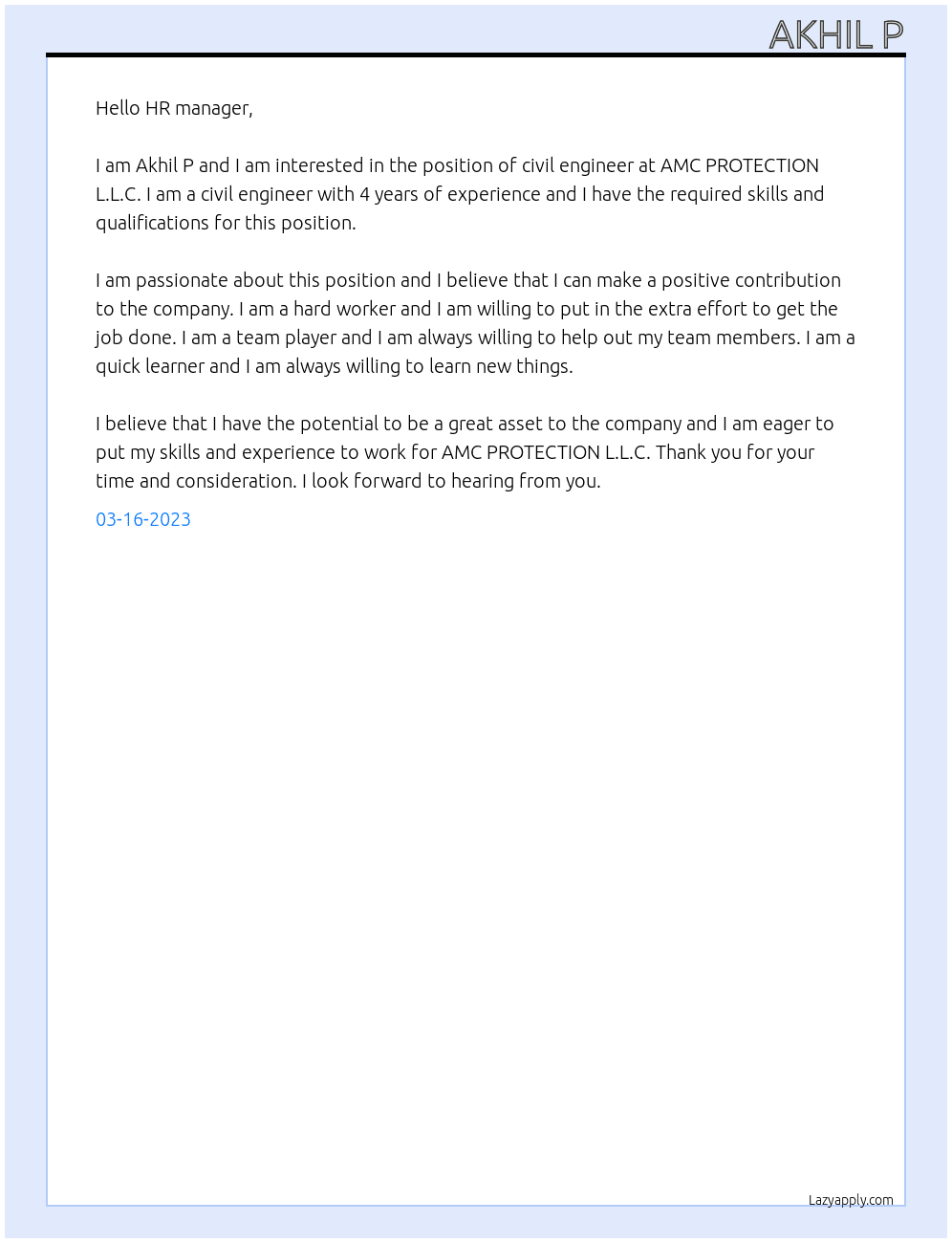 Civil engineer  At AMC PROTECTION L.L.C Cover Letter