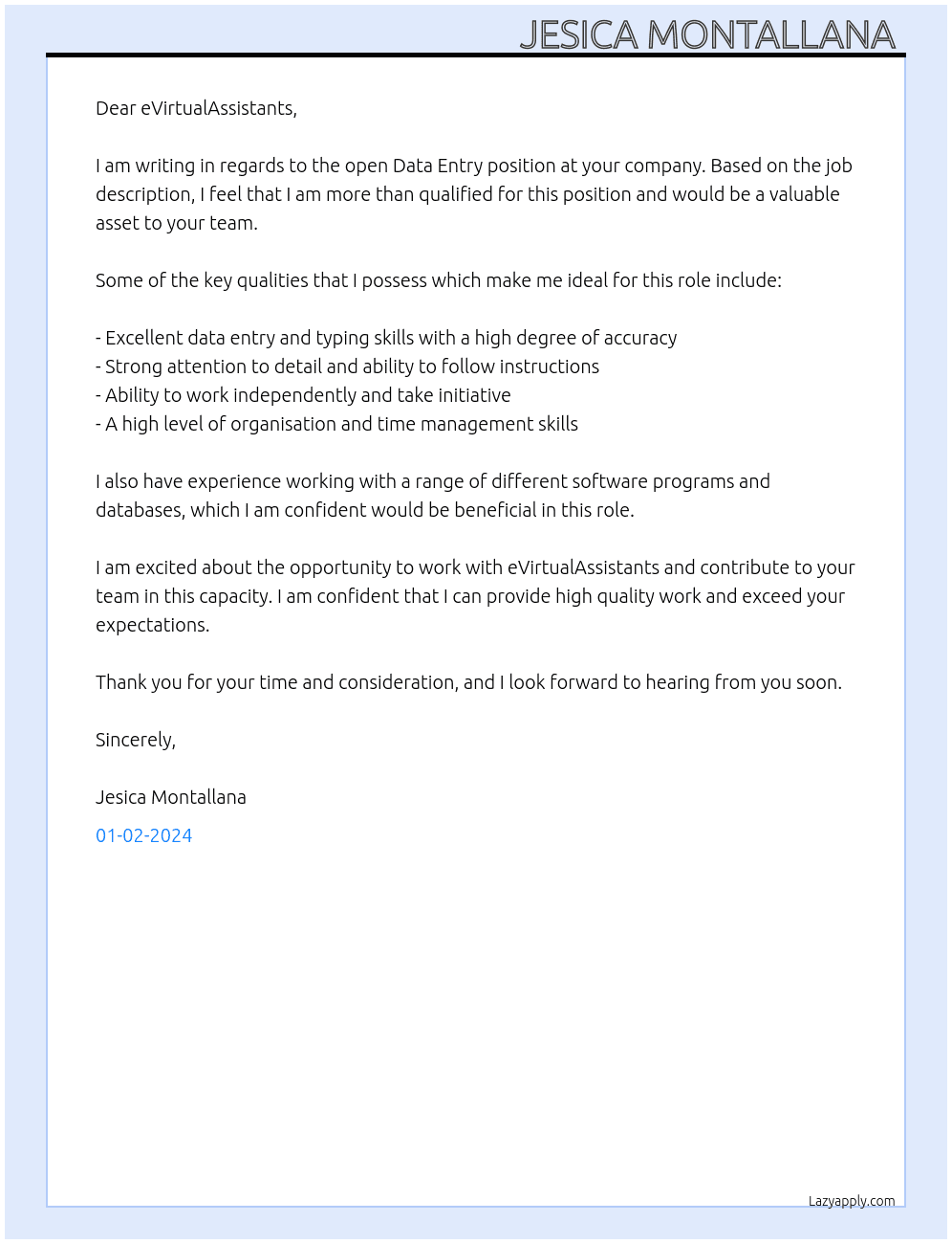 Data Entry  At eVirtualAssistants Cover Letter