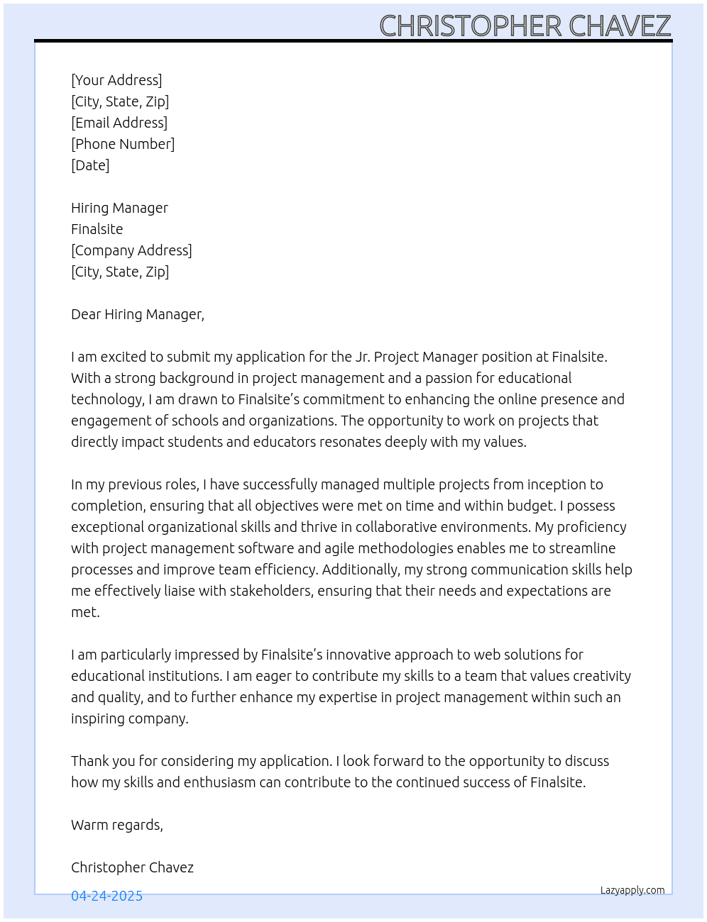 Jr. Project Manager At Finalsite Cover Letter