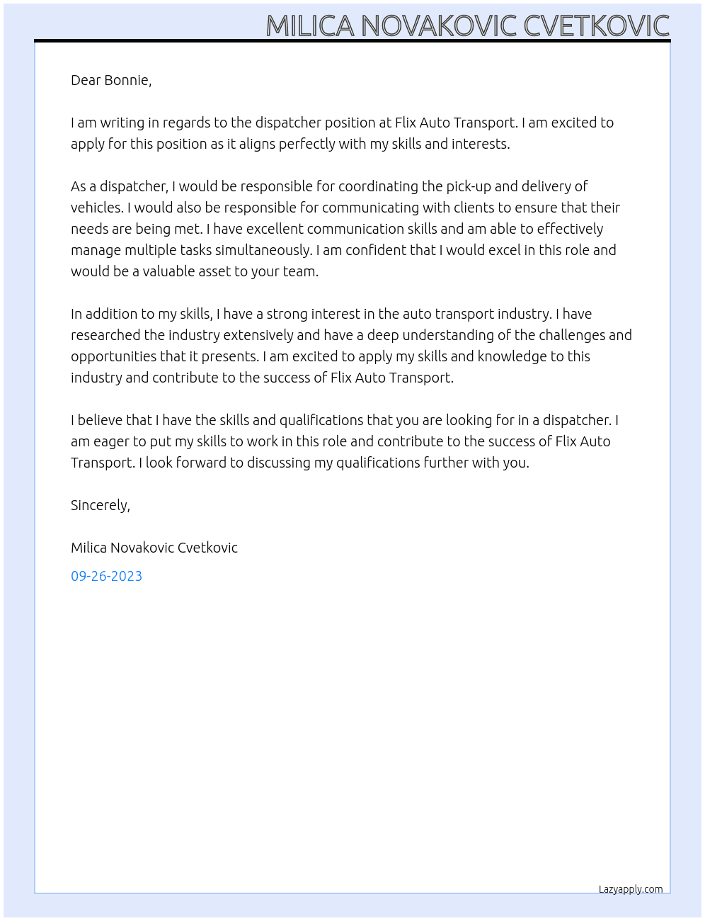 Dispatcher At Flix Auto Transport Cover Letter
