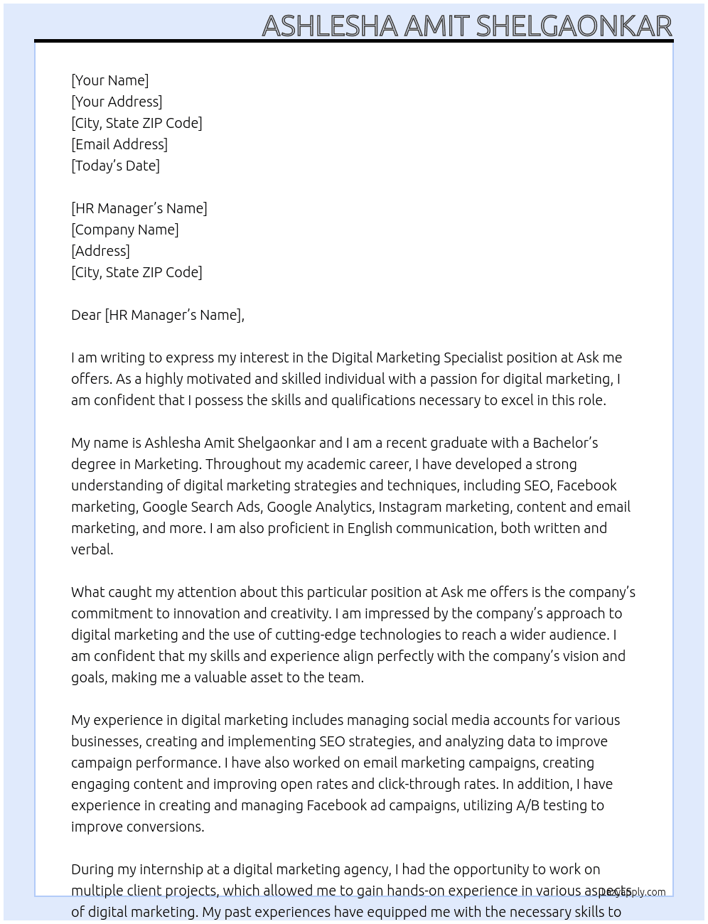 digital Marketing Specialist  At Ask me offers Cover Letter
