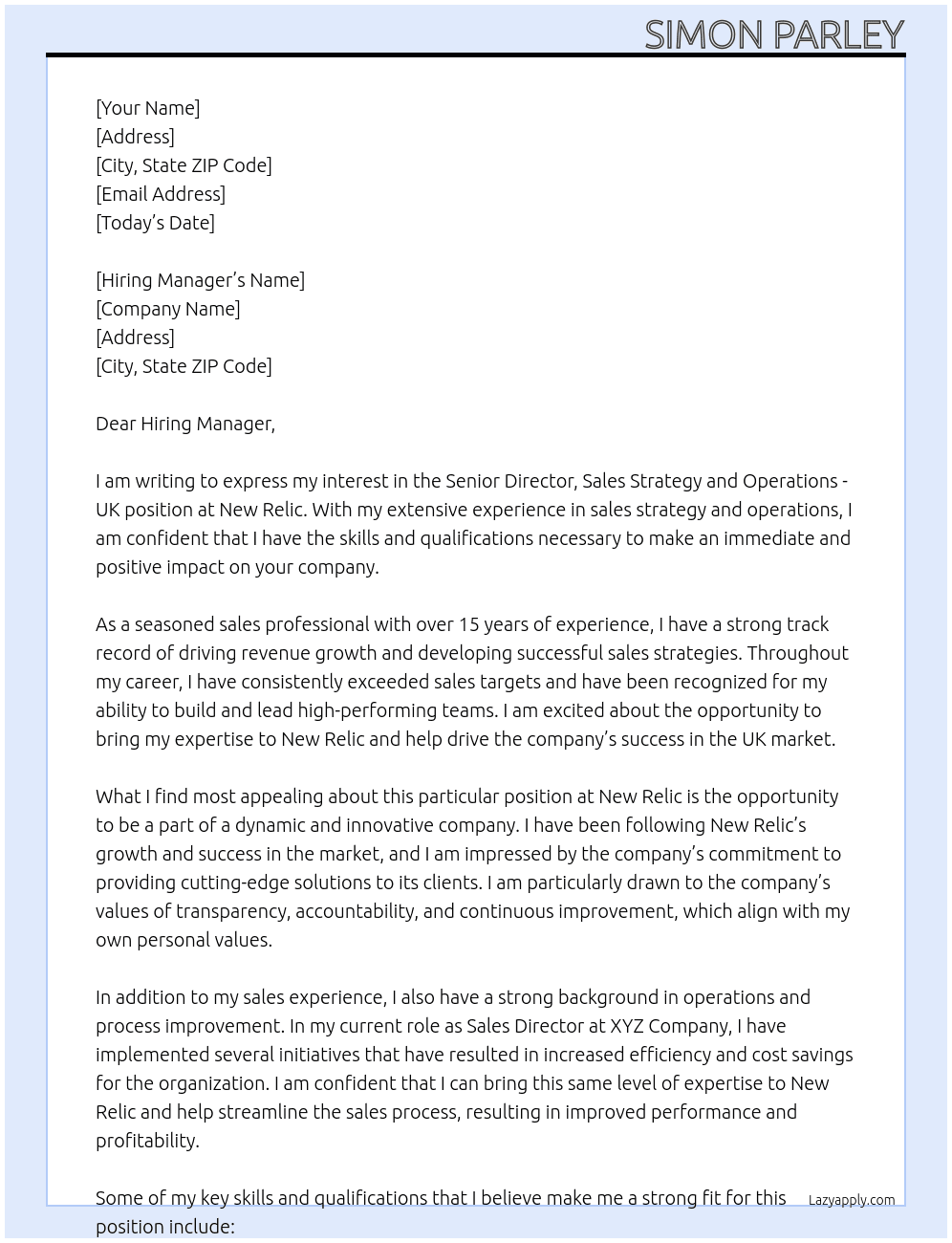 Senior Director, Sales Strategy and Operations - UK At New Relic Cover Letter