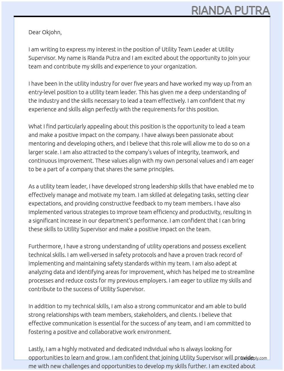 utility team leader At utility supervisor Cover Letter