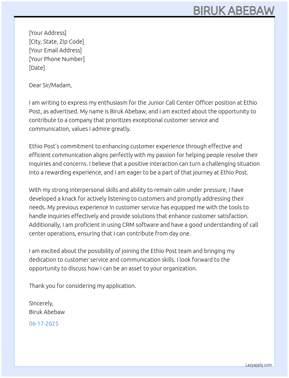 Junior Call Centrer Officer At Ethio Post Cover Letter