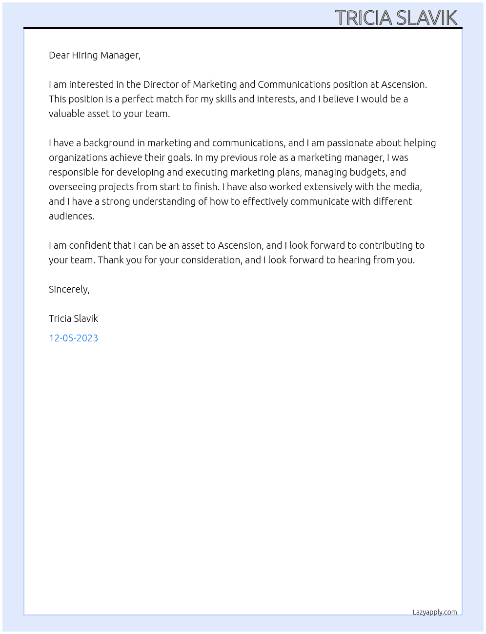 Director of Marketing and Communcations At Ascension  Cover Letter
