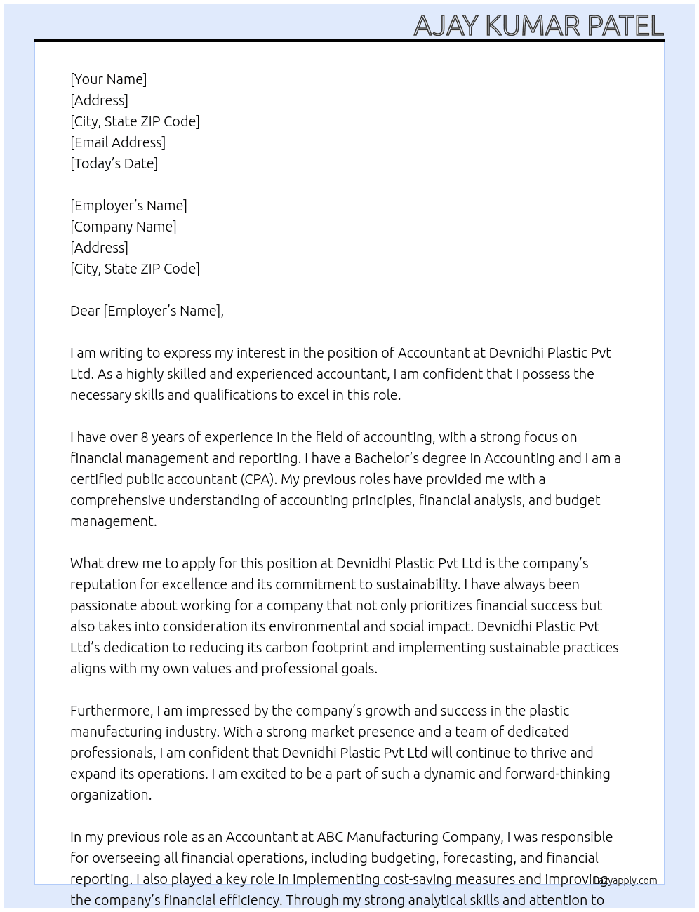 Accountant At Devnidhi plastic pvt ltd  Cover Letter