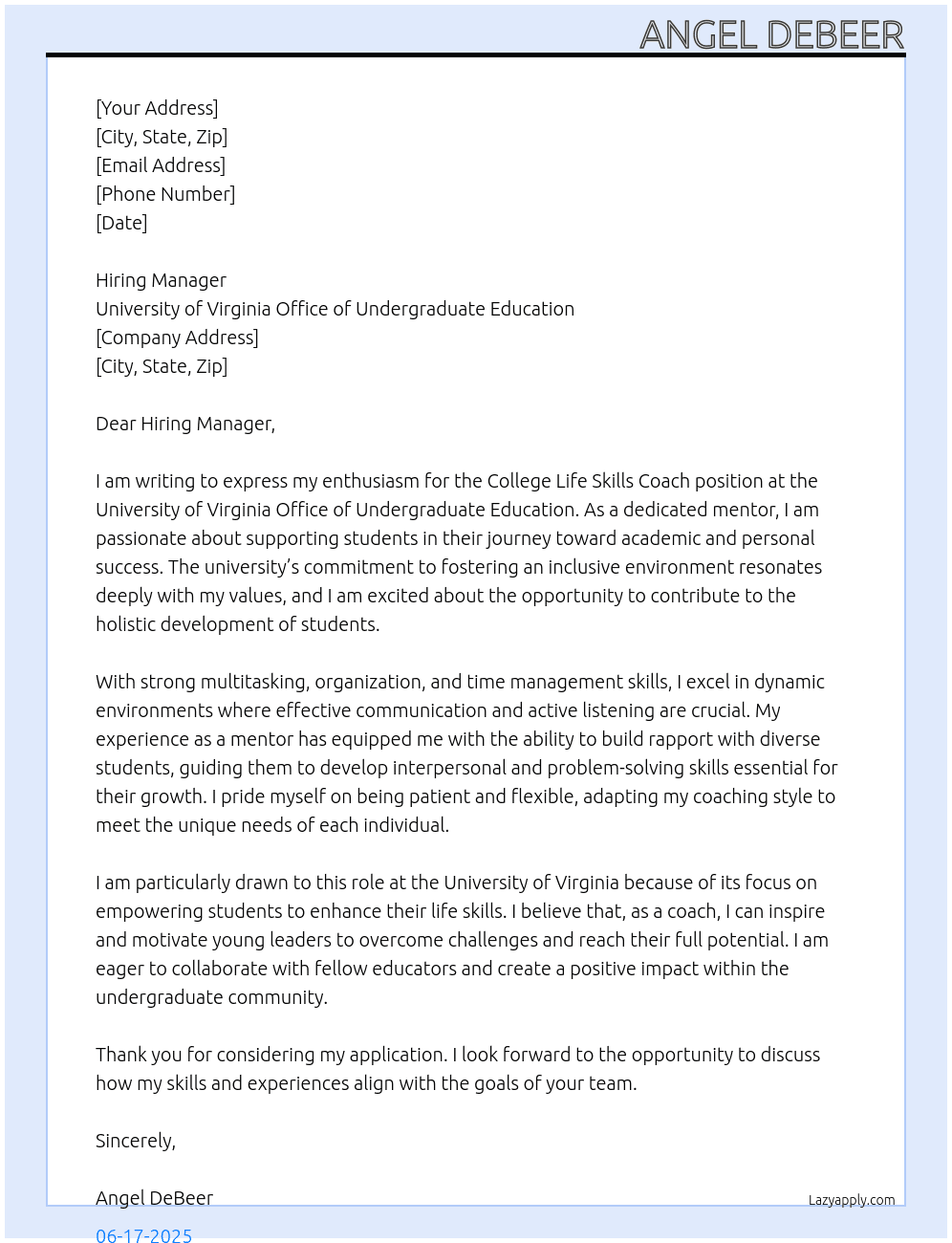 College Life Skills Coach At University of Virginia Office of Undergraduate Education Cover Letter