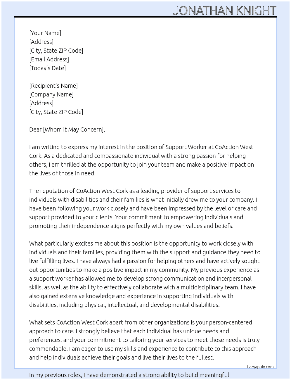 support worker At CoAction WEst Cork Cover Letter