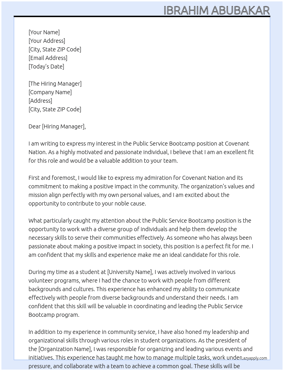 Public Service Bootcamp At Covenant Nation Cover Letter