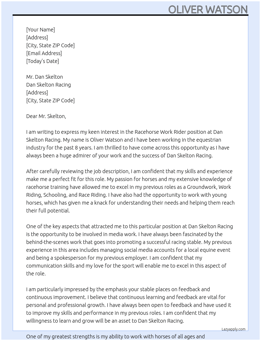 Racehorse work rider At Dan Skelton Racing Cover Letter