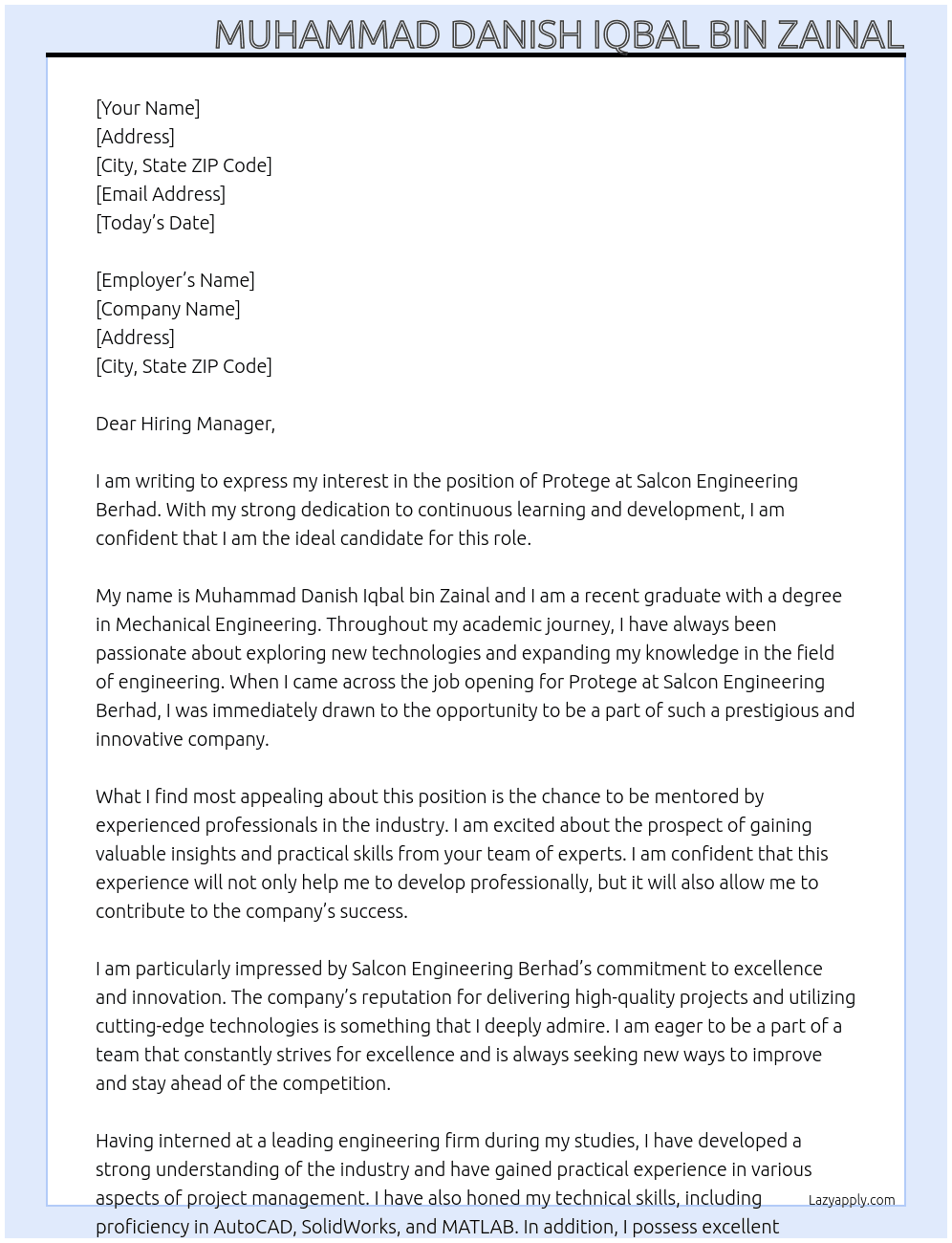 Cover letter for protege - LazyApply