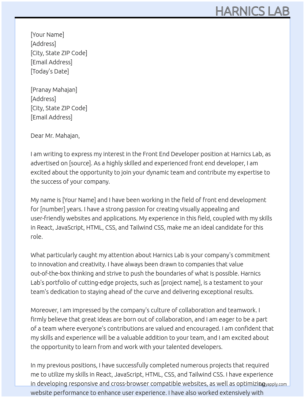 front end developer At harnics lab Cover Letter