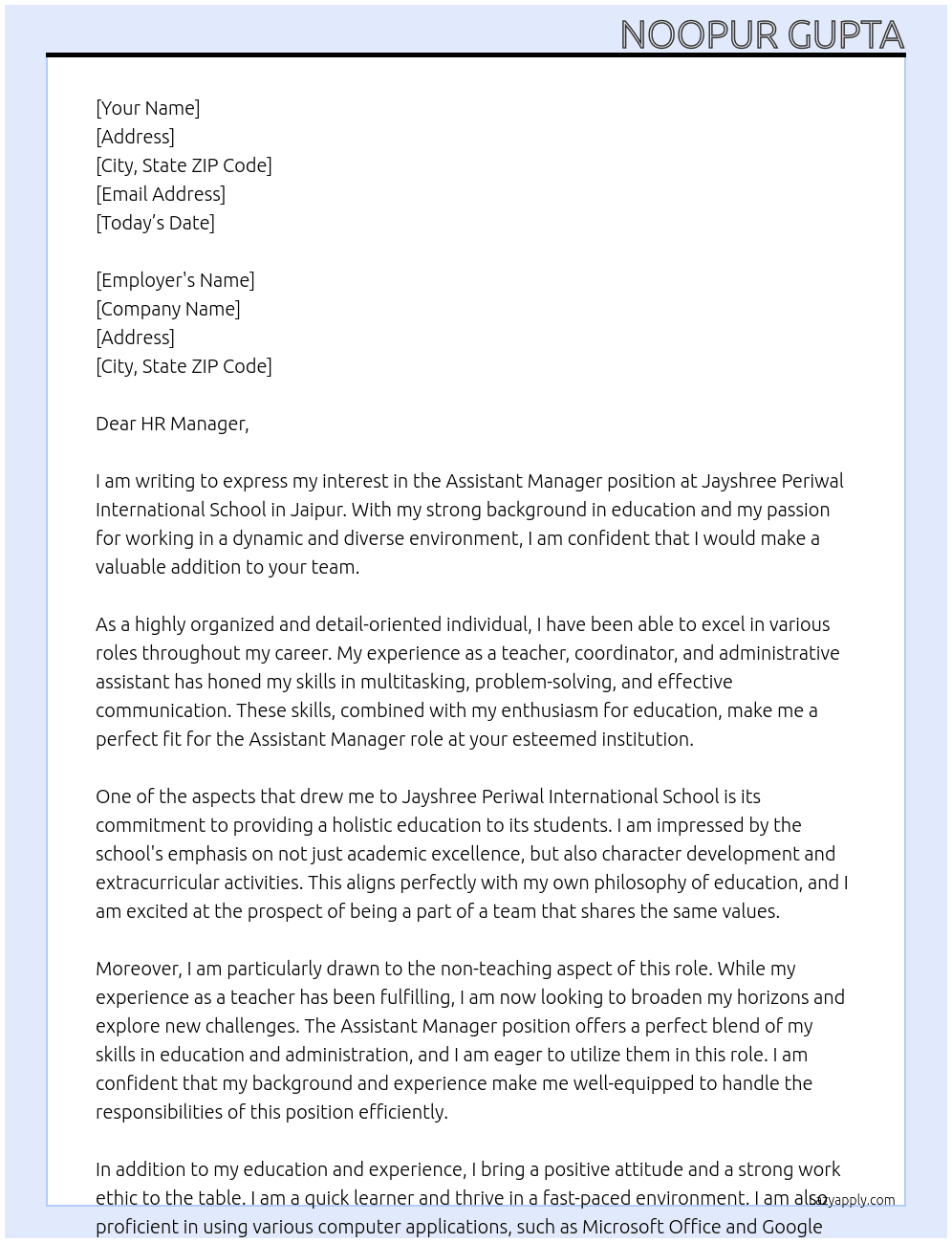 Assistant manager At jayshree periwal international school Cover Letter