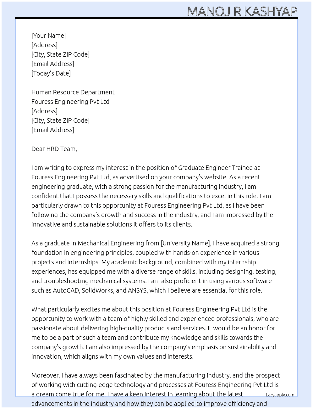 Graduate engineeer trainee At fouress engineering pvt ltd Cover Letter