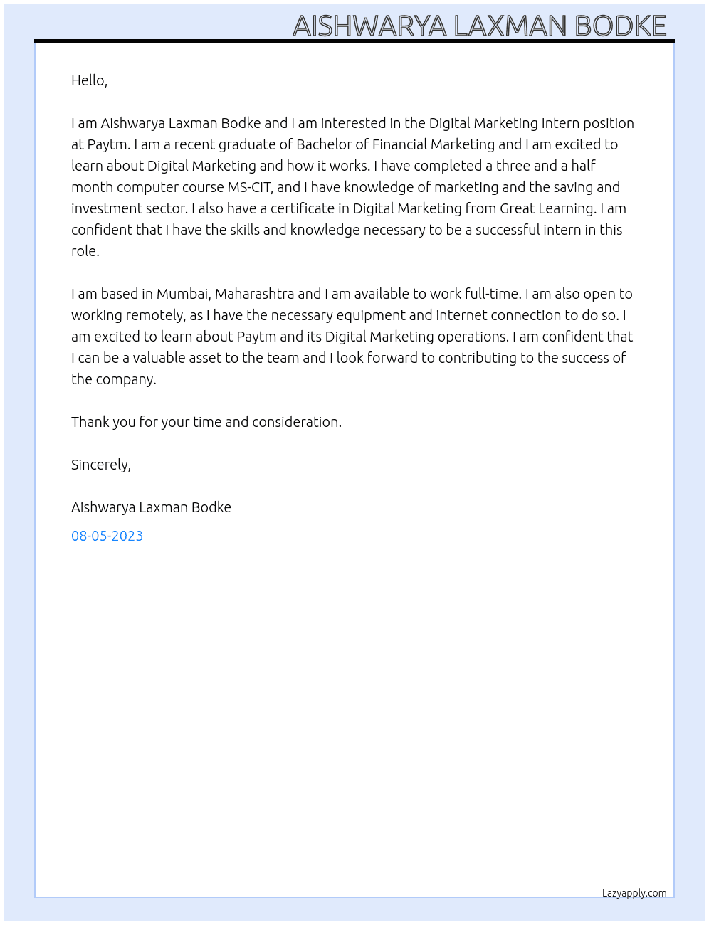 Digital Marketing Internship  At Paytm Digital marketing Intern  Cover Letter
