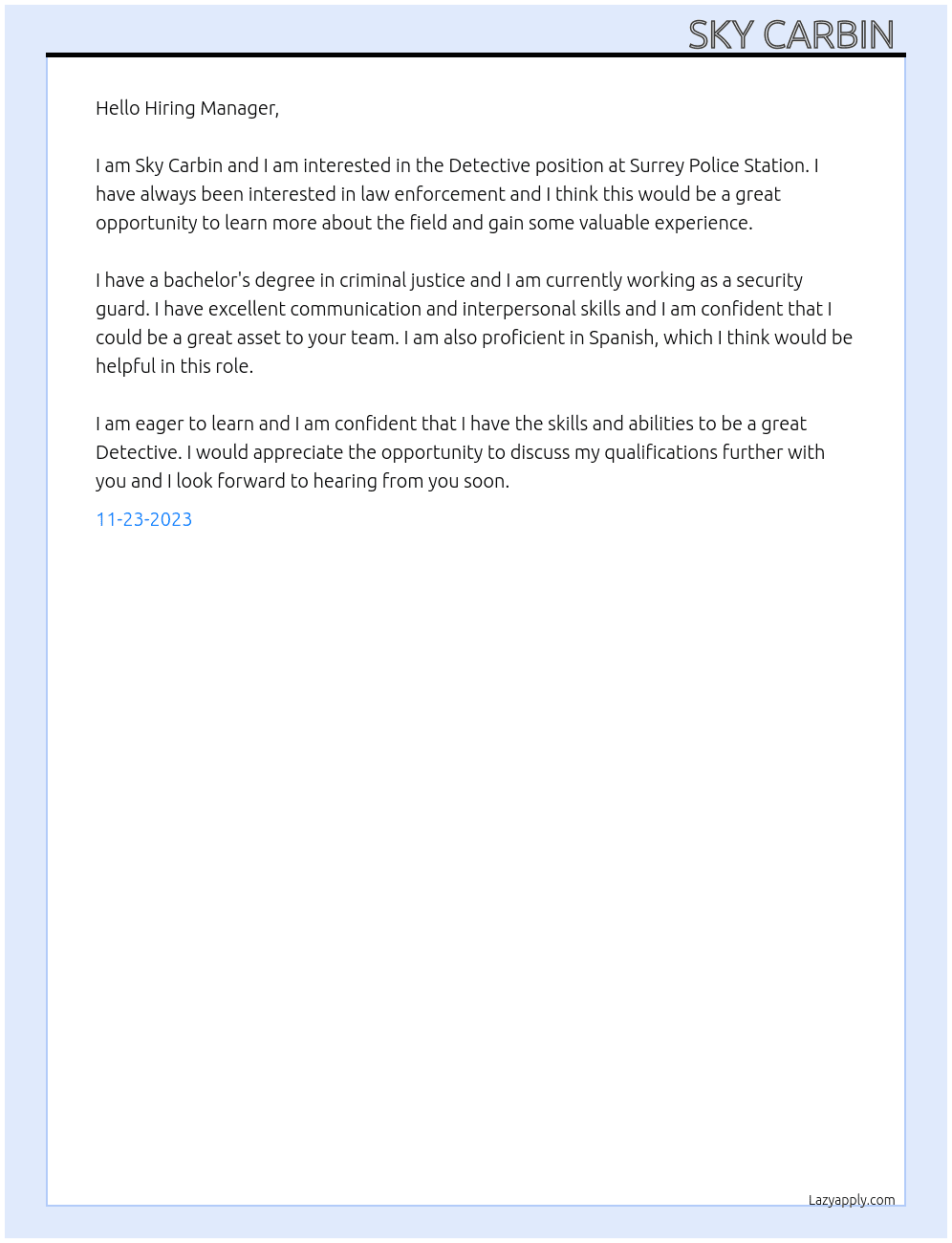 Detective At Surrey Police Station  Cover Letter