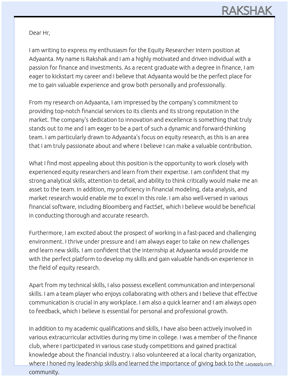 Equity researcher intern At adyaanta Cover Letter
