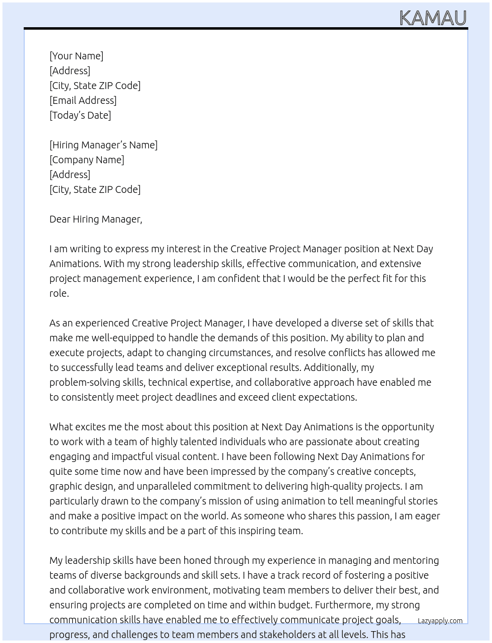 Creative Project Manager At Next Day Animations Cover Letter