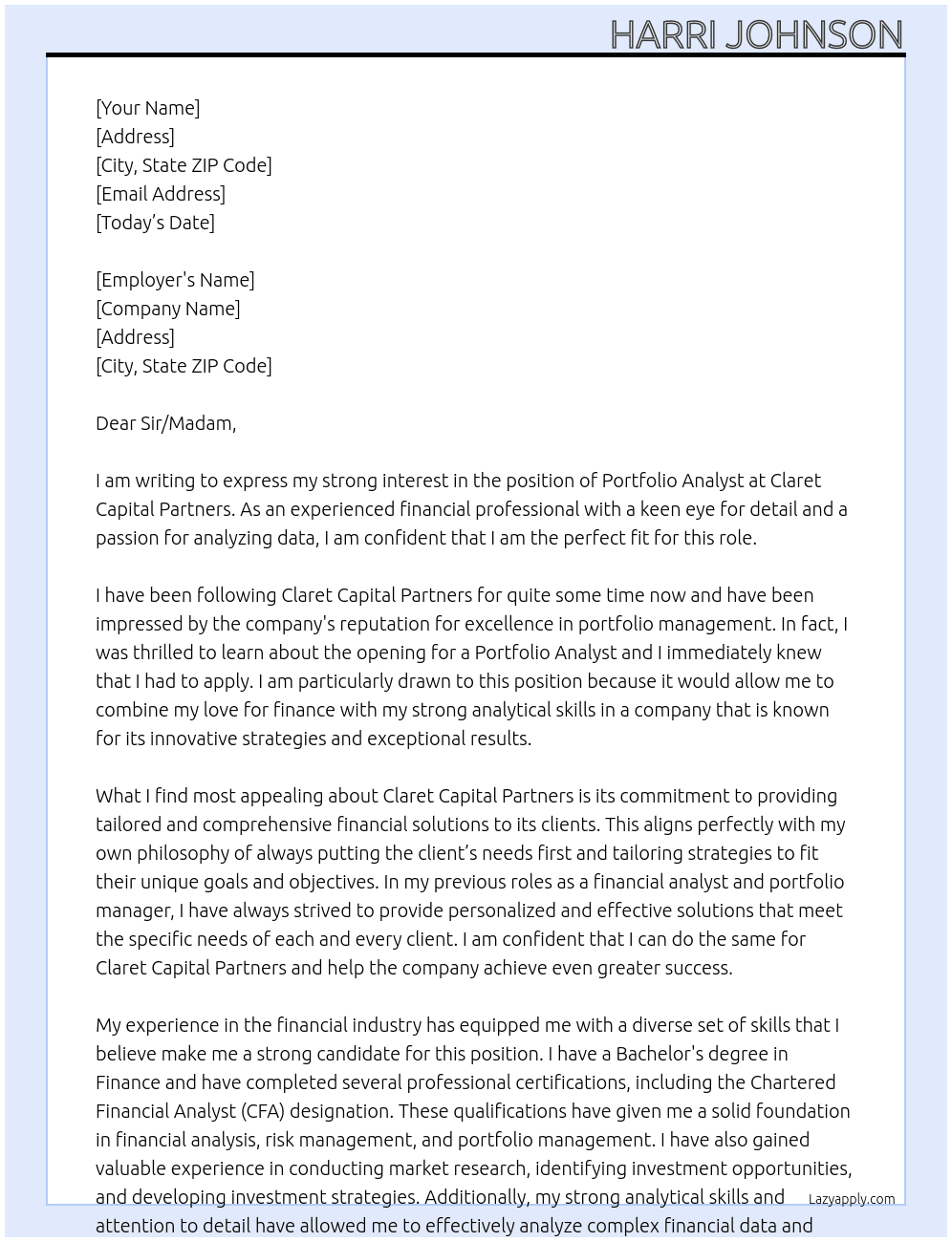 Portfolio Analyst At Claret Capital Partners Cover Letter