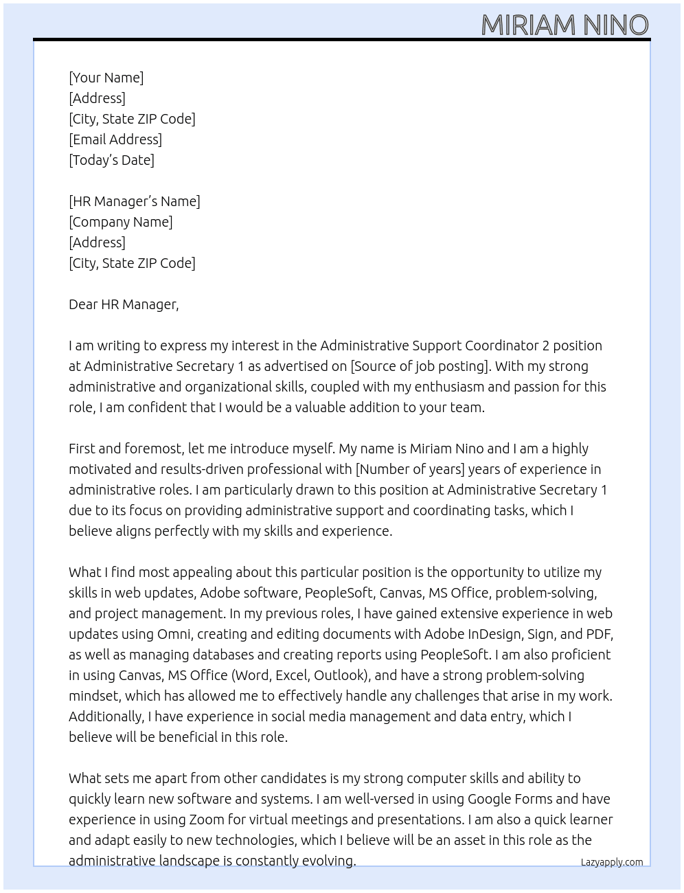 Administrative Support Coordinator 2 At Administrative Secretary 1 Cover Letter