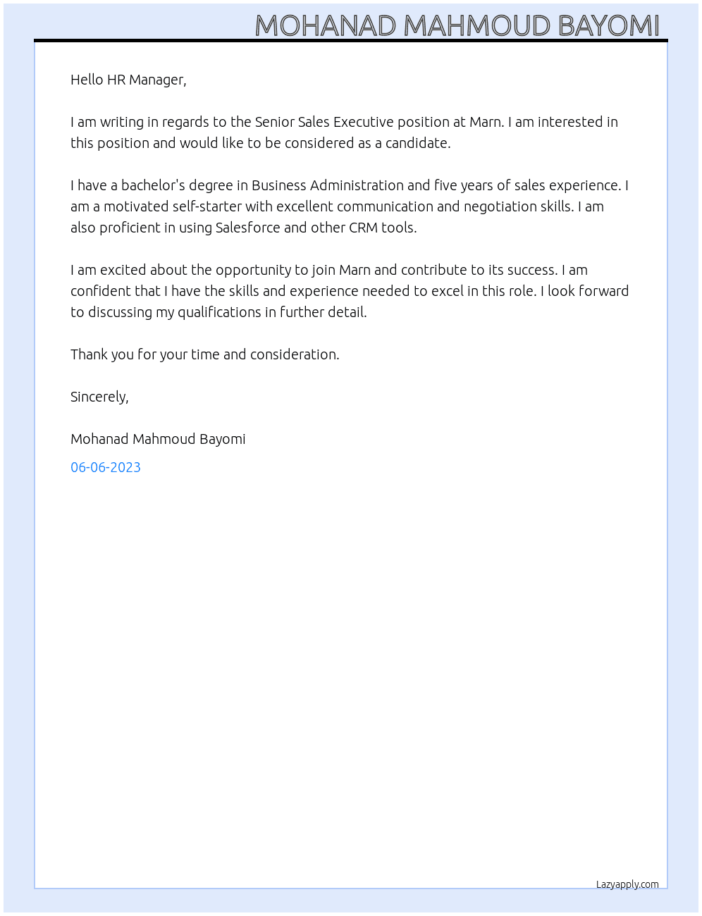 Senior Sales Executive  At Marn Cover Letter