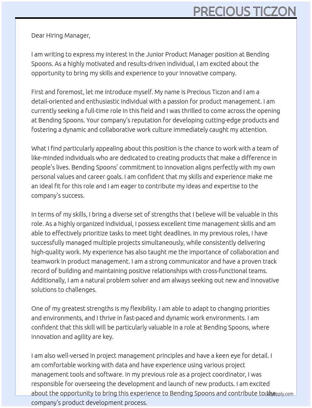 Junior Product Manager At Bending Spoons Cover Letter