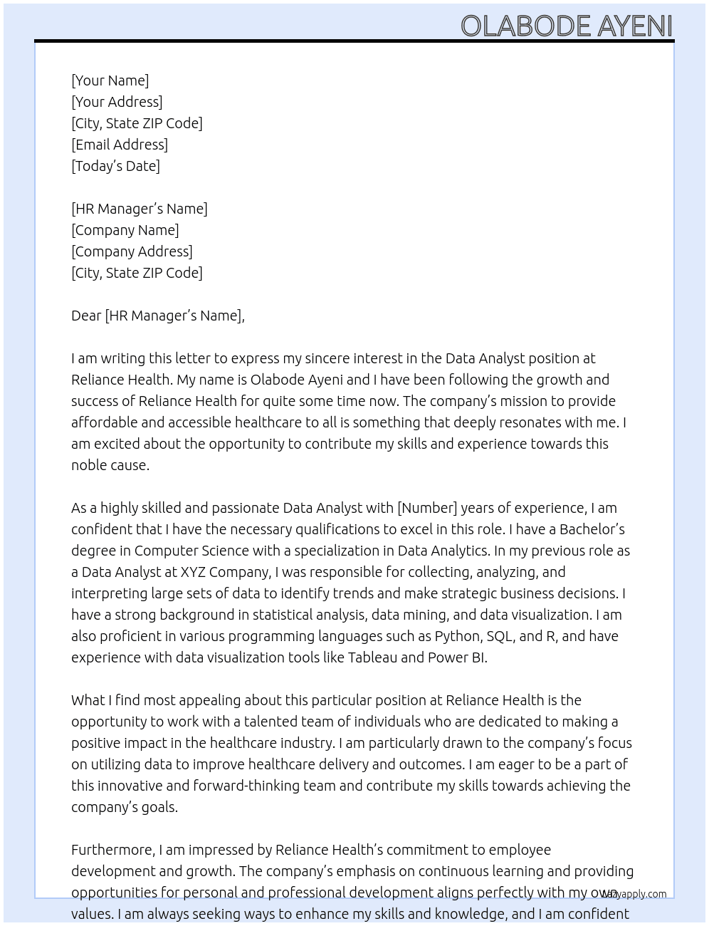 Data Analyst At Reliance Health Cover Letter