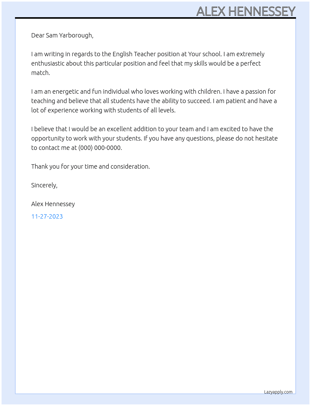 English Teacher At Your school Cover Letter