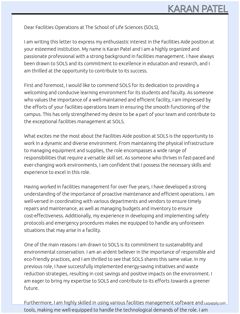 Cover letter for facilities aide - LazyApply